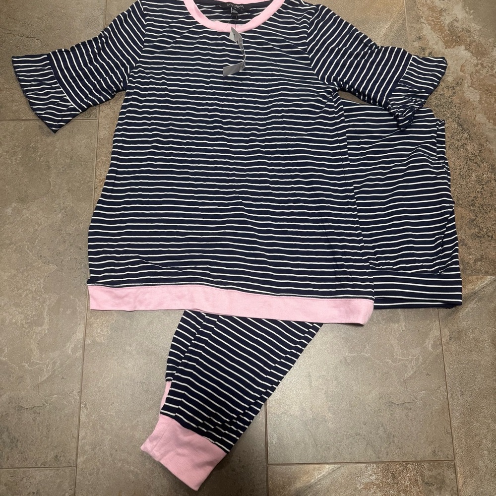 Long Tall Sally XS Navy Stripe Lounge Set Tall Fit Pink Trim NWT